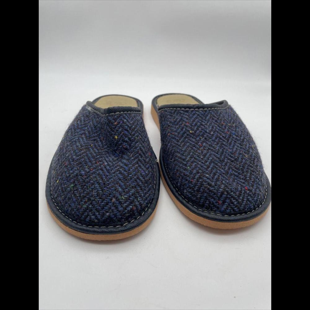Weavers of Ireland Irish Tweed and Leather House Slippers Blue Herringbone Men 8